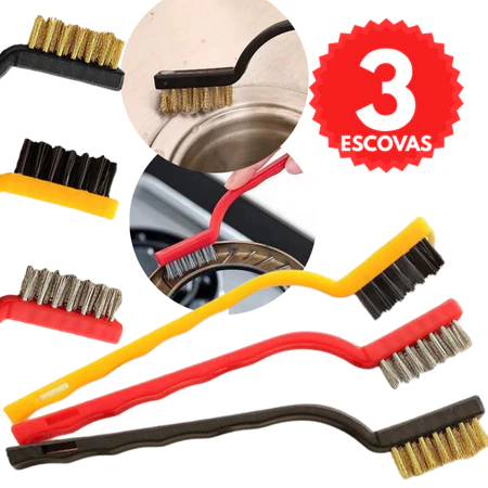 Kit 3 Escovas de Aço Multiuso Aço Latão Nylon Cabo Plástico Limpeza Forno Grelha Fogão Churrasqueira