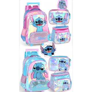 Kit Mochila de Rodinhas + Lancheira Térmica do Stitch e kit 3 de mochila costa