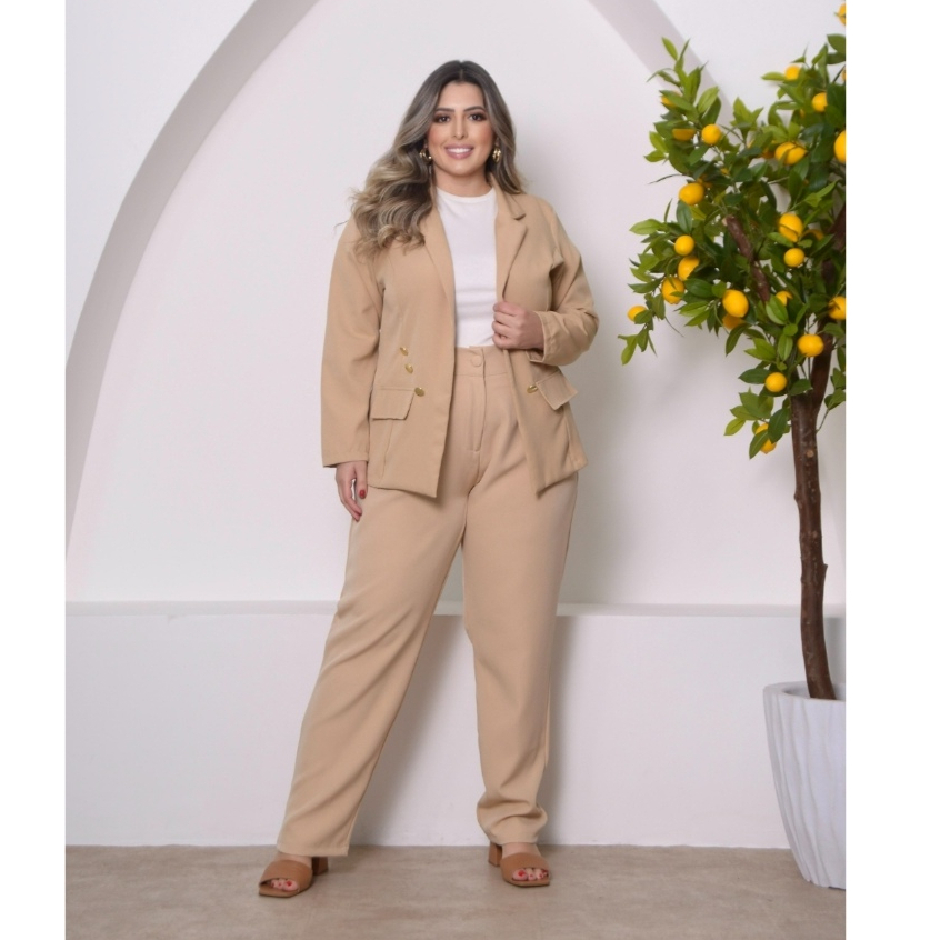 Conjunto Alfaiataria Plus Size GG ao G3 Feminino Casaco + Calça Social Com Botão