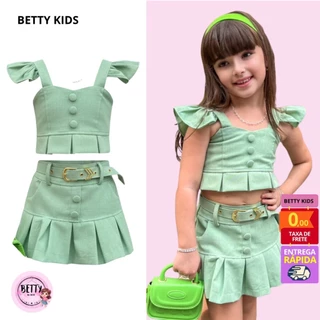 conjunto infantil cropped e short saia bonito com cinto 4 ao 10 anos