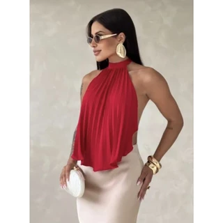 Bata Plissada Costa nua Blusa elegante frente Única Duna festa natal ano novo tendência moda Blogueira