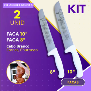 Jogo Faca Aço Inox 10 e 8 para Churrasco Carne Cabo Branco Açougue Cozinha