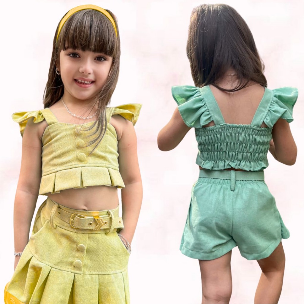 Conjunto juvenil menina linho com cinto bonito