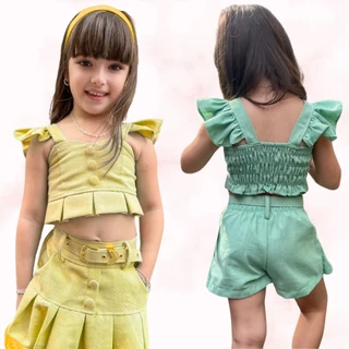Conjunto juvenil menina linho com cinto bonito