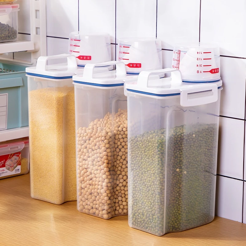 2PCS Pote Hermético 2.5L com Copo Medidor e Bico Dosador Para Cozinha Arroz, Grãos, Produtos de limpeza Multiuso