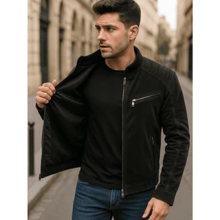 Jaqueta Masculina Nobuck Forrada com Zíper Frontal Estilo Inverno Elegante e Confortável Premium