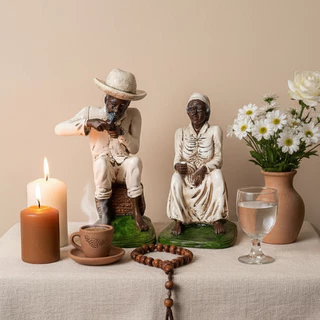 Casal Preto Velho em Resina 20cm e 19cm – Imagem Religiosa Umbanda para Altar e Decoração