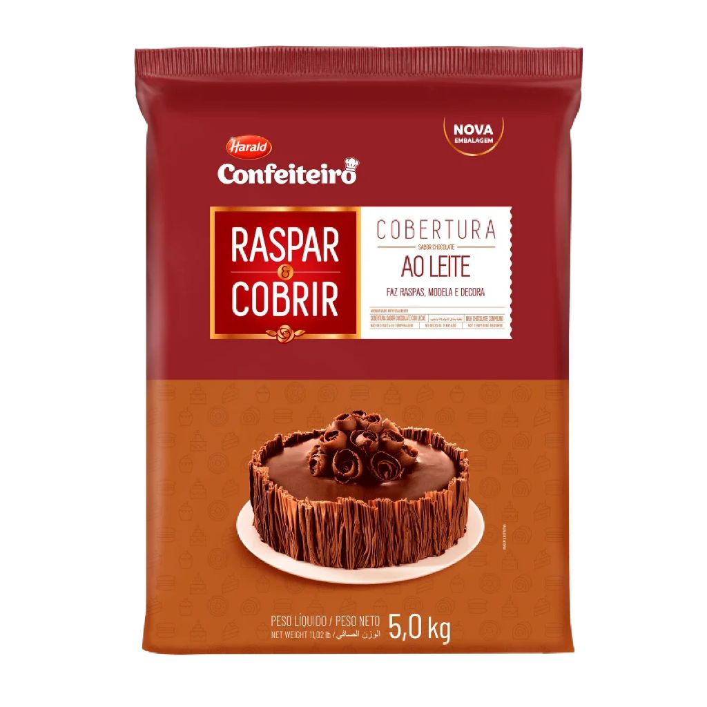 Barra Cobertura Raspar e Cobrir Sabor Chocolate Ao Leite Confeiteiro 5,0Kg Raspar e Modelar Harald