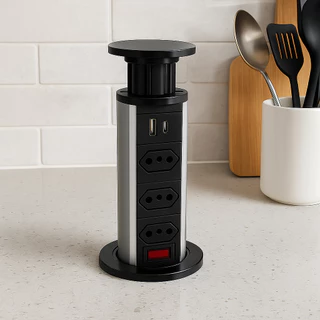 Torre de tomada para bancada filtro de linha embutir retrátil com 3 tomadas cor preto cinza