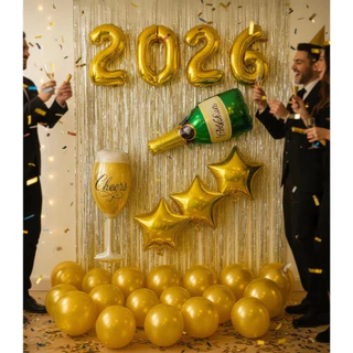 Kit Balão metalizados 2026 70cm 2 Cortinas 1 Champanhe 1 Taça Ano Novo 3 Estrelas Dourado reveillon