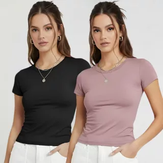 Kit 2 Blusas Baby Tee Manga Curta Baby Look Feminina Academia Suplex Microfibra Tendecia Blusinhas Blusa