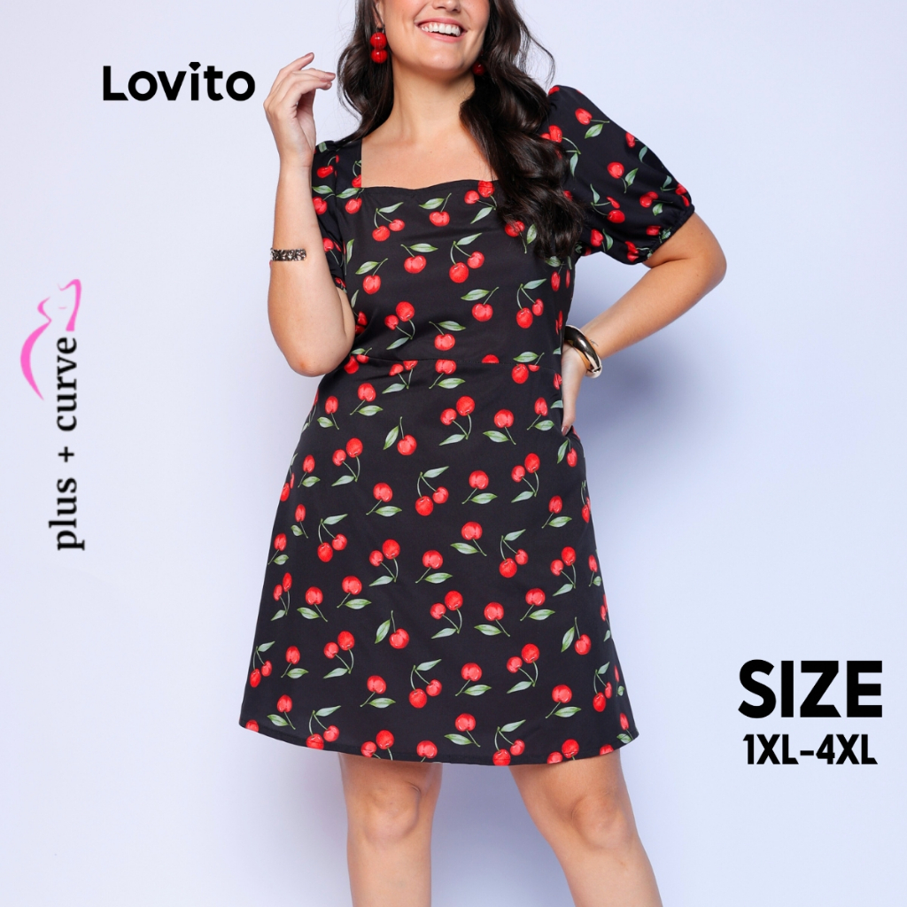 Lovito Vestido Plus Size Rodado Estampa Cereja Moda Curto Decote Manga Bufante Feminino LB170BRL199