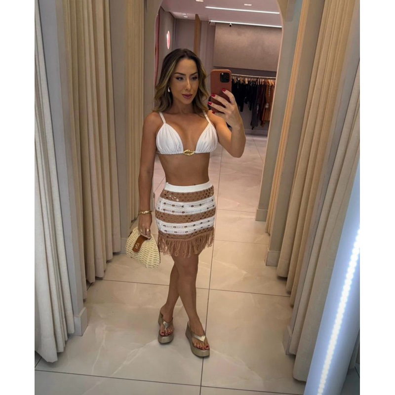 saida de praia franja saia crochê verão moda praia 2025 look praia calor saída de praia piscina