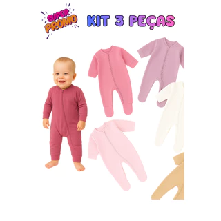 Kit 3 Macacões Menina Liso Bebê Algodão Zíper Vira Pé Inverno Infantil Macio Macacão