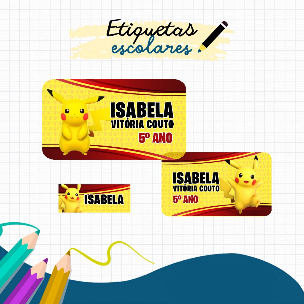 Adesivo | Etiqueta Escolar Personalizada Pikachu | Shopee Brasil