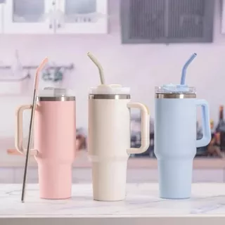 Térmico Copo Inox Alça Flip Straw com canudo de Metal 1200ml