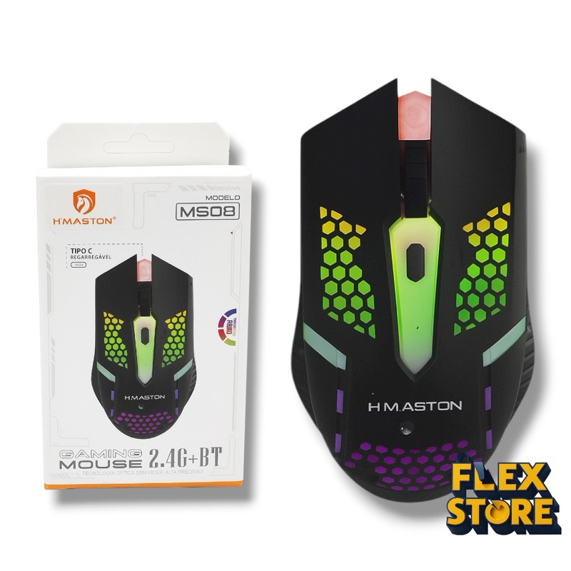 Mouse Gamer H’Maston MS08 Sem Fio 2.4G + Bluetooth RGB Recarregável ...