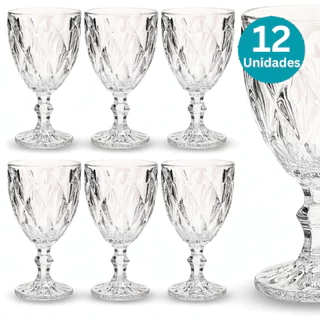 Jogo 12 Taça Diamante Copo Vidro Transparente Bico De Jaca 330ml