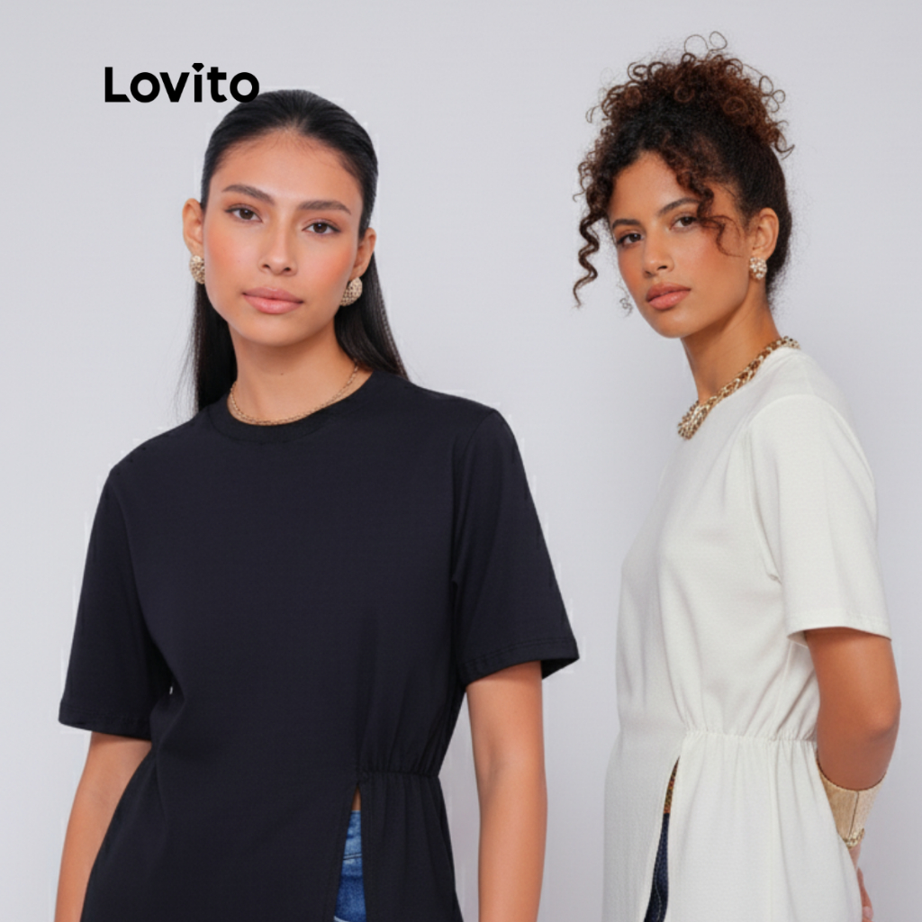 Lovito Camiseta Basica Algodão Gola Careca Manga Curta Moda Mini Fenda Casual Lisa LB517BRL547
