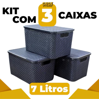Kit 3 Cestos Rattan 7L com Tampa Organizadores Coloridos Multiuso em Oferta na Shopee