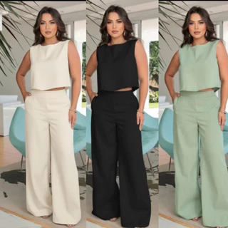 Conjunto Feminino Linho Calça Pantalona + Blusa regata de linho Elegante Chique