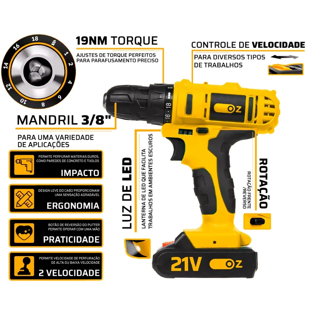 Parafusadeira Furadeira Elétrica Sem Fio C Impacto 21V Bivolt PB6500K E Maleta Com Acessórios Oz