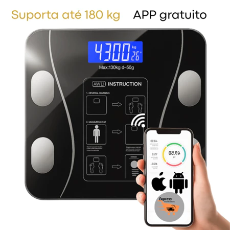 Balança Bioimpedância Medidora Corporal Bluetooth Até 180 Kg + Balança De Cozinha Precisão Digital 1g Até 10 Kg