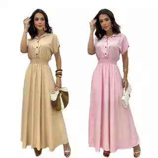 Vestido Longo Feminino com Manga Liso em Oferta na Shopee