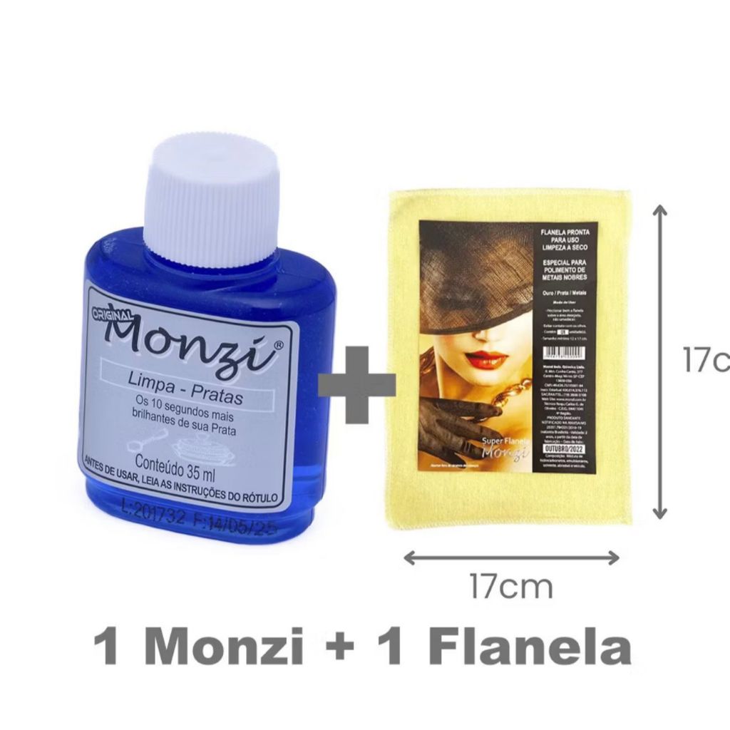 Monzi Limpa Pratas Joias 100% Original 35ml + Super Flanela mágica Monzi Tamanho 12x17