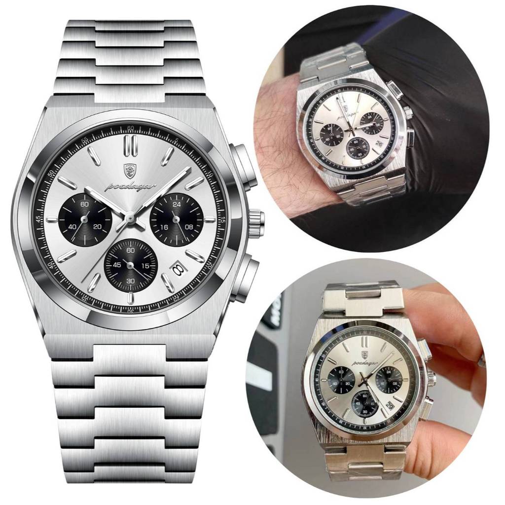Poedagar Relógio Masculino de Luxo Cronógrafo Modelo Panda à Prova d’Água Calendário Aço Inoxidável