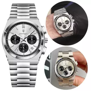 Poedagar Relógio Masculino de Luxo Cronógrafo Modelo Panda à Prova d’Água Calendário Aço Inoxidável