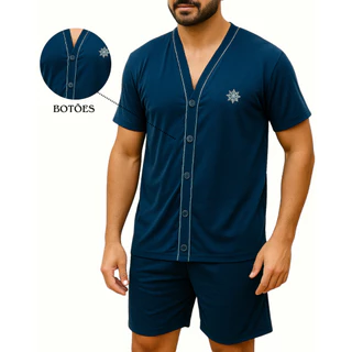 Pijama Masculino de Botão Pós Cirúrgico Meia Manga Bermuda Short Idoso Malha em Oferta na Shopee