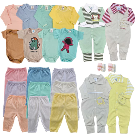Kit c/ 8 peças Enxoval de Bebê com Body, Mijão, Macacão e meia 100% Algodão