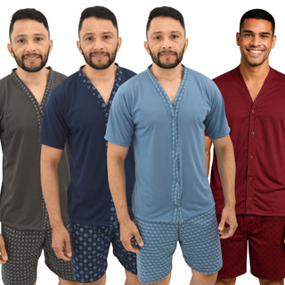 Pijama Curto Masculino Todo Aberto com Botões Confortável em Malha Adulto em Oferta na Shopee