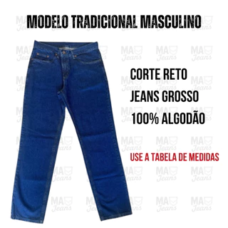 Calça jeans masculina corte reto modelo tradicional 100% algodão