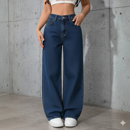 Calça jeans feminina wide leg premium cintura alta 100% algodão