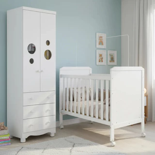 Quarto Bebê Completo Berço Americano Cloe 2 em 1 Guarda Roupas 2 Portas 3 Gavetas Bolinha 100% MDF em Oferta na Shopee