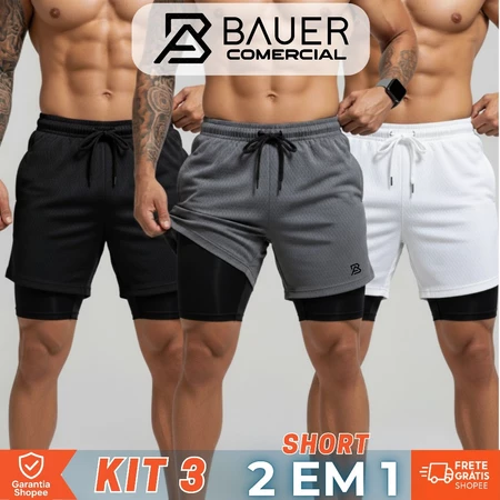 Kit 3 Shorts Duplo 2 em 1 para Treino | Com Bolso Interno Secreto e Forro de Compressão