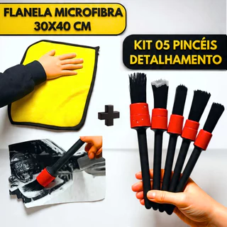 Kit 05 Pincel Detalhamento Automotivo Lavagem + Flanela de Microfibra 30x40cm em Oferta na Shopee