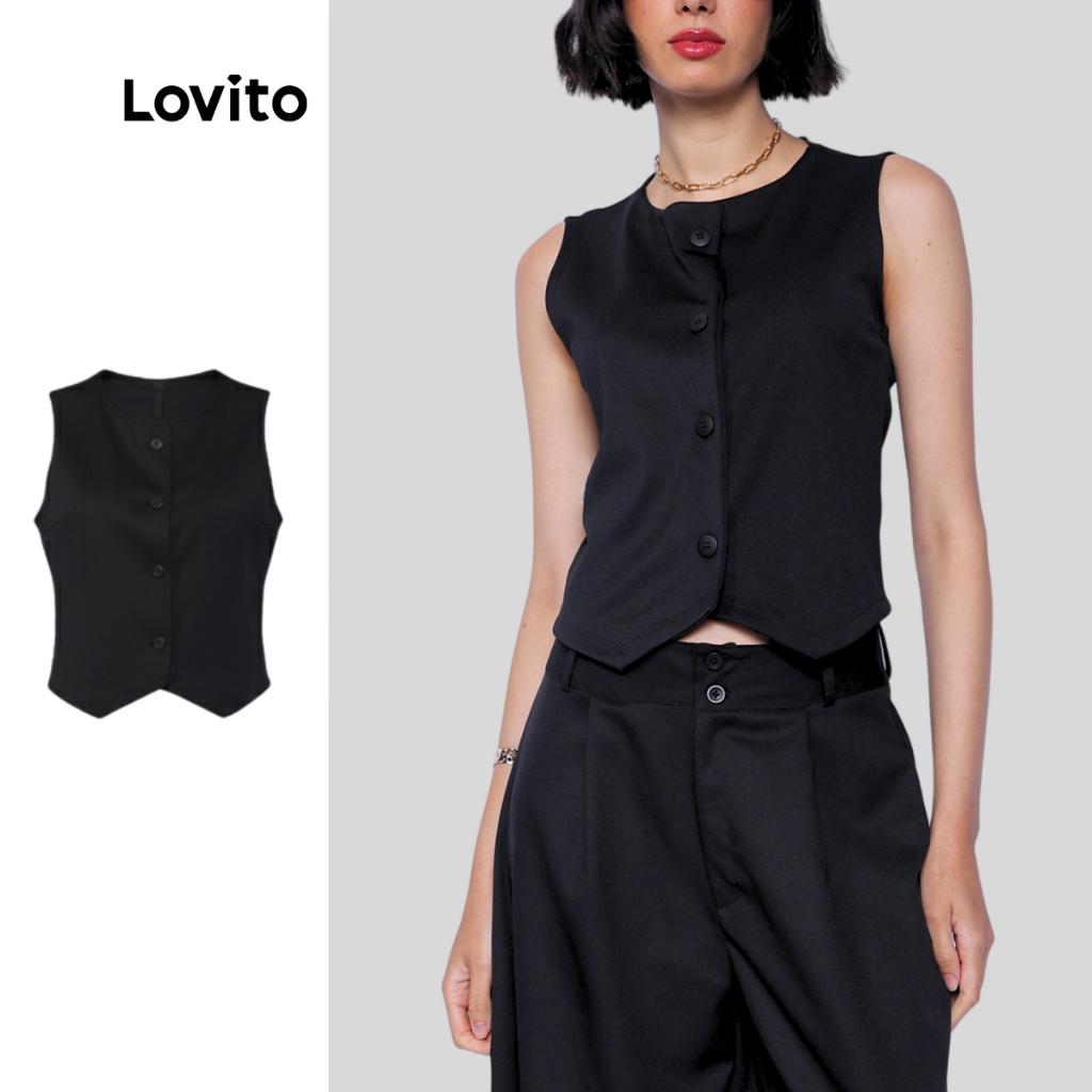 Lovito Colete Alfaiataria Elegante Preto com Botões Feminina LB790BRL820
