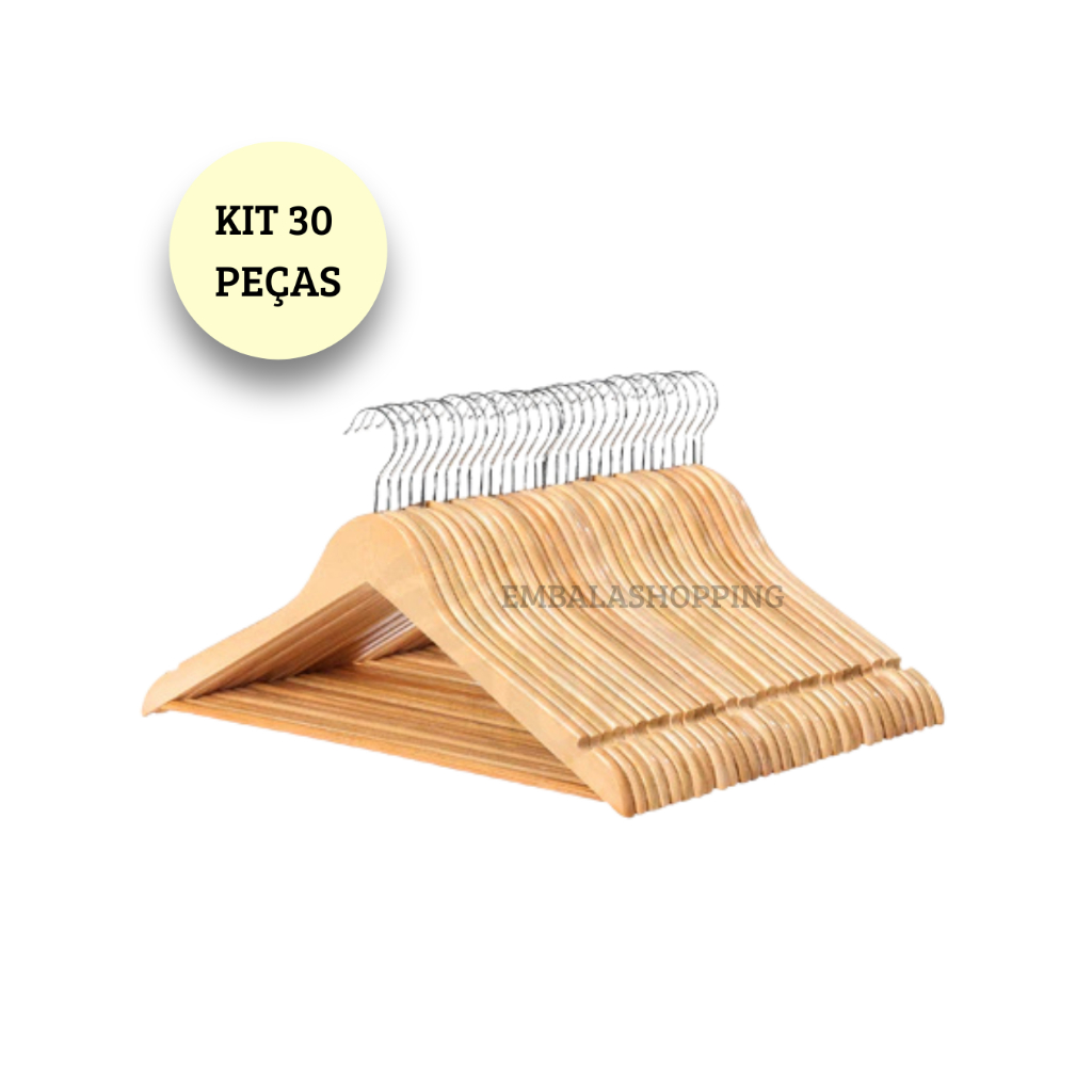 Kit 30 Cabides De Madeira Premium Marfim Para Roupas Calça Gancho Cromado
