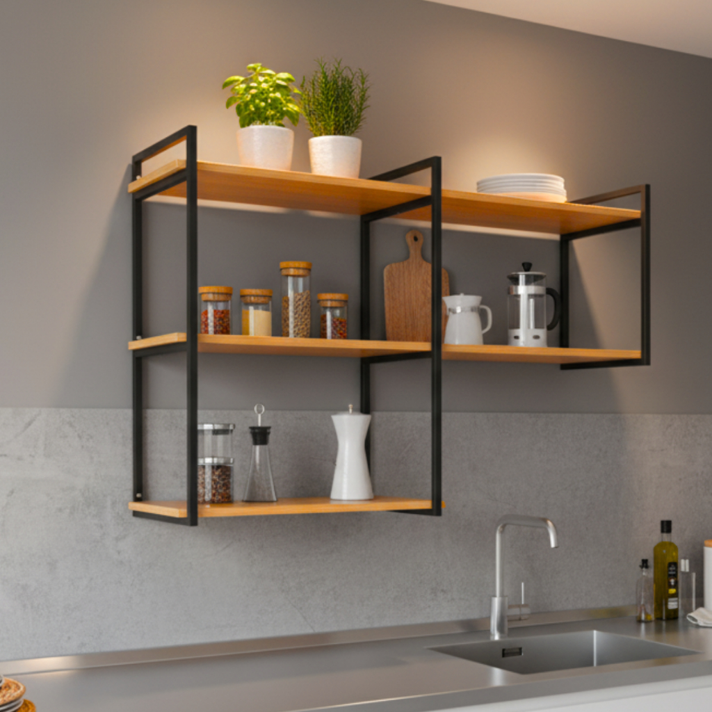 Prateleira Industrial Decorativa Freijó Suporte Metal 120x30 Para Diversos Ambientes Sala, Cozinha, Quarto, Escritório