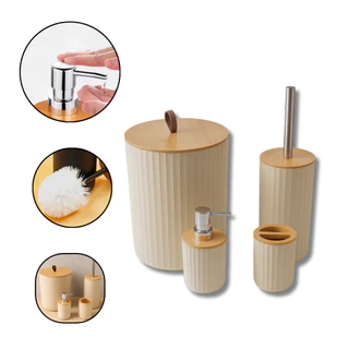 Jogo de Banheiro 4 Peças com Tampa Bambu Lixeira, Dispenser, Escova e Porta Escova Design Moderno, Elegante e Funcional