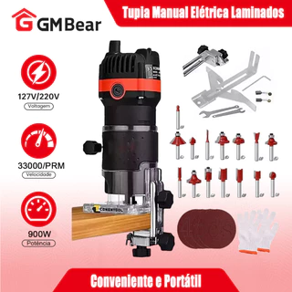 GM Bear Tupia Laminadora Manual 900W Profissional + Jogo de 20 Fresas 6.35mm com Acabamento Profissional