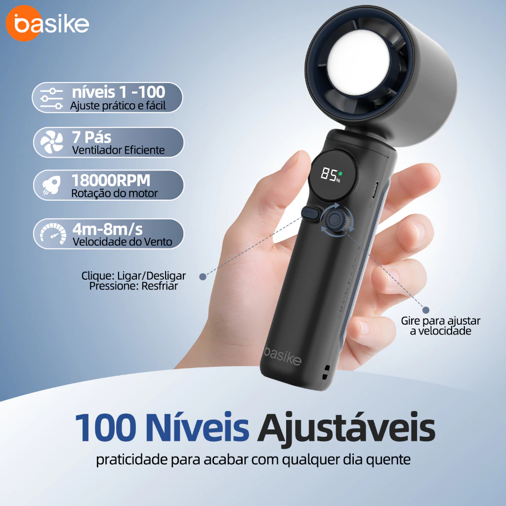 BASIKE Ventilador Portatil Usb Recarre Bateria De Alta Capacidade De 6000mah Ecrã Digital 18000rpm Desfrute Da Sensação