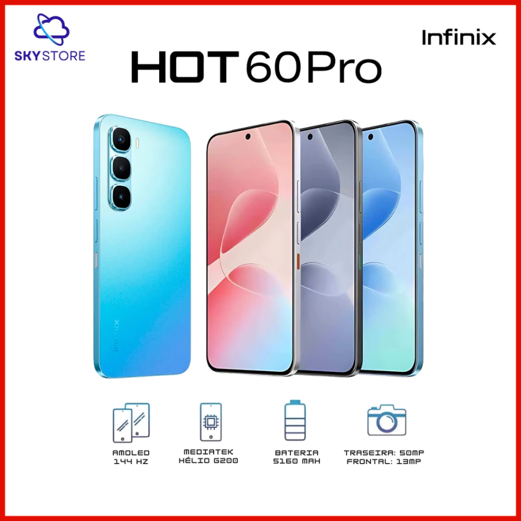 Infinix Hot 60 Pro 256GB Armazenamento 8GB RAM Processador MediaTek Helio G200 Câmera 50MP Versão Global