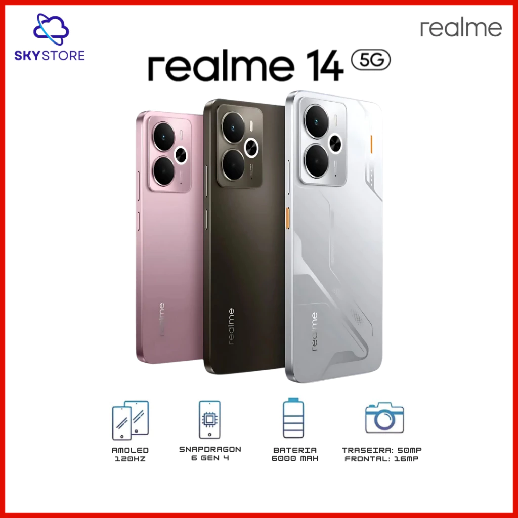 Realme 14 5G 512 12GB RAM 256 8GB RAM 256 12GB RAM Câmera 50MP Snapdragon® 6 Gen 4 Bateria 6000mAh Versão Global