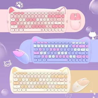 Teclado e Mouse Sem Fio Gatinho Fofo USB Colorido Candy Macio e Confortável Para Pc Notbook Cores
