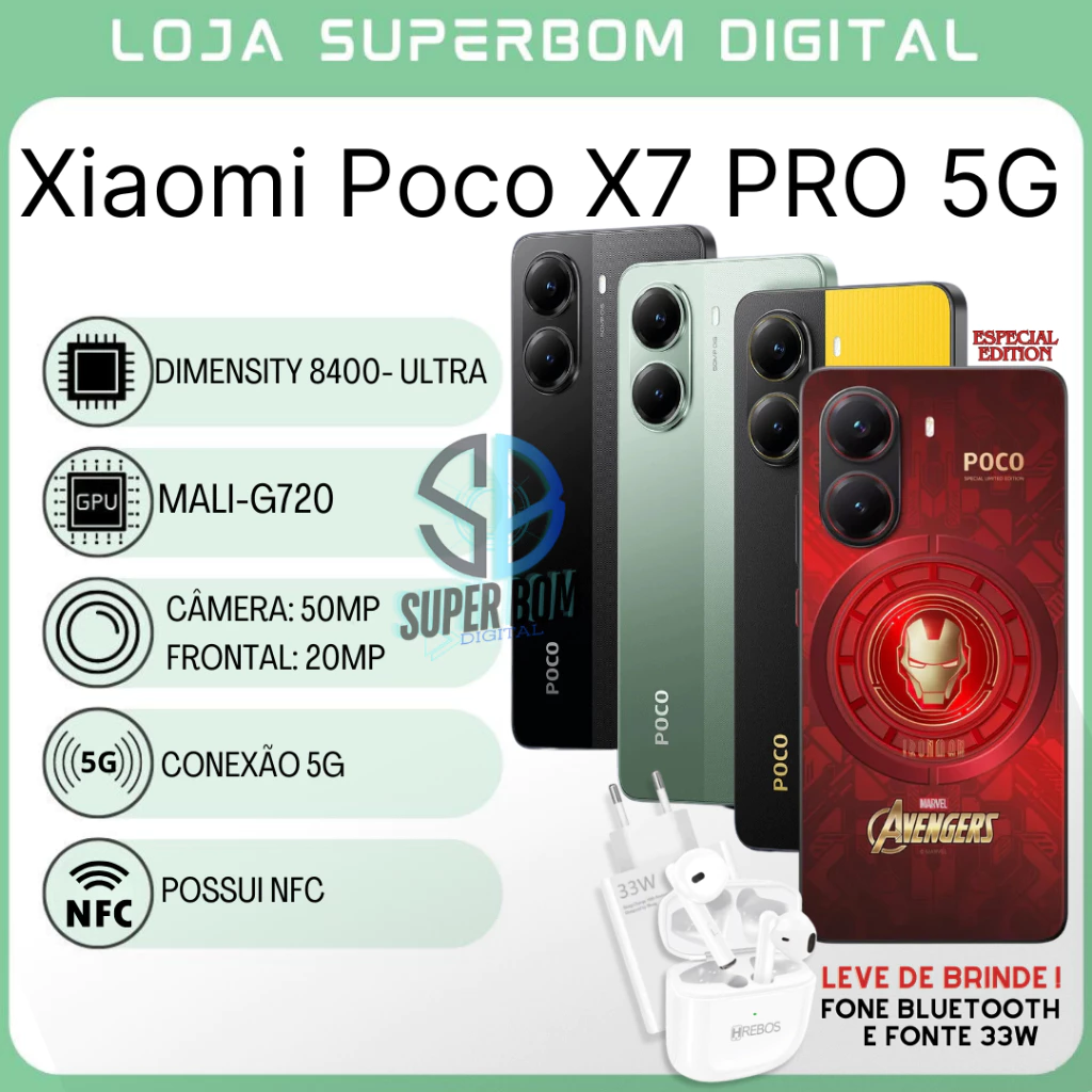 Xiaomi Poco X7 PRO 5G , Processador Dimensity 8400-Ultra 256GB/512GB + 8GB/12GB RAM, Bateria 6000Mah Versão Global