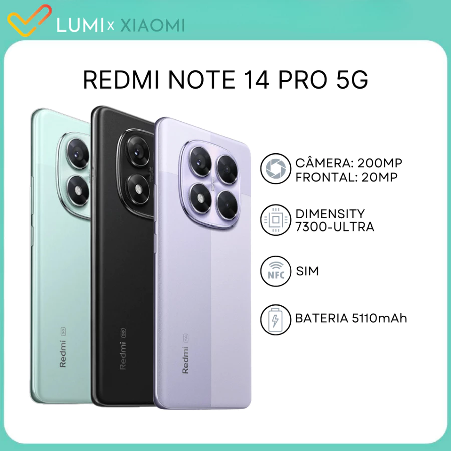 Xiaomi Redmi Note 14 Pro 5G 256GB/8GB RAM, 512GB/12GB RAM Câmera 200MP, MediaTek Dimensity 7300-Ultra, VERSÃO GLOBAL